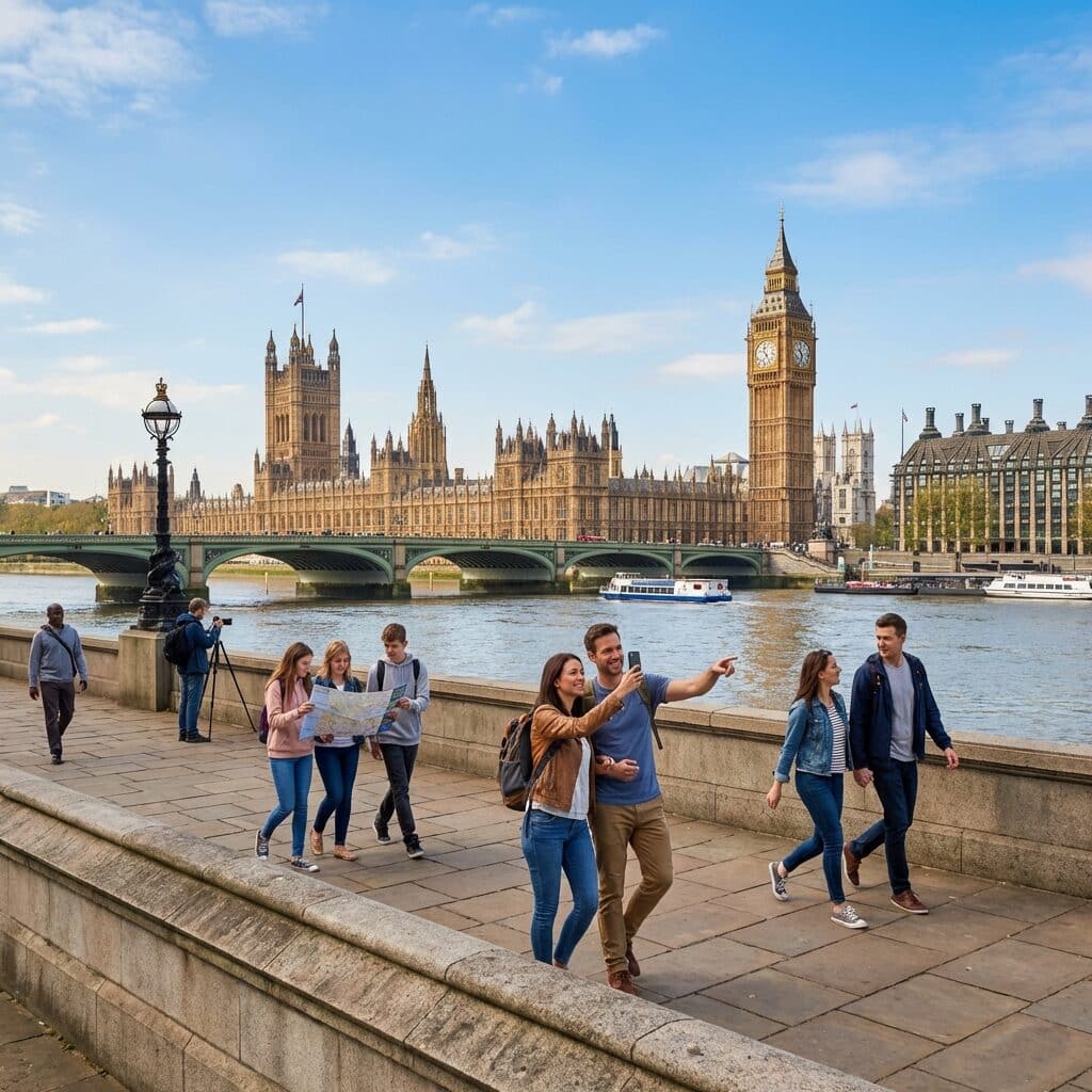 Tourists by the Palace of Westminster in London