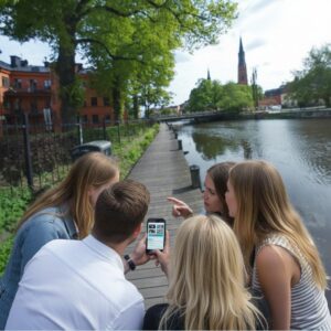Friends playing a city game on a smartphone by the Fyrisån river in Uppsala, with the cathedral visible.