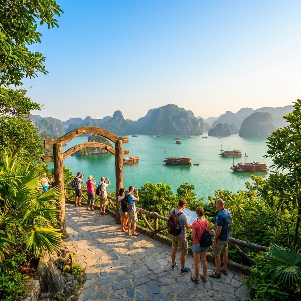 Tourists Overlooking Ha Long Bay in Vietnam