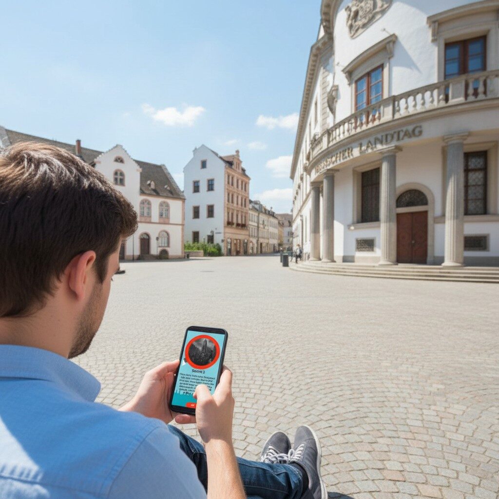 A man sits in Wiesbaden's Schloßplatz playing a city game on his phone before the Hessian State Parliament.