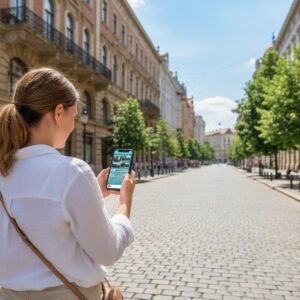A woman stands on a historic cobblestone street in Den Bosch, using a city game app on her smartphone.