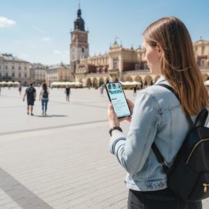 A young woman in a denim jacket holds a smartphone while standing in the Main Market Square in Krakow.