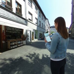 A woman stands on a cobblestone street in Koblenz, looking at a city game on a tablet.