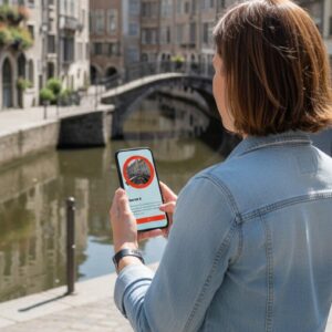 A woman from behind uses a smartphone to play a city game by a canal in a historic European city.