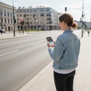 A young woman in a denim jacket stands on a sidewalk in Warsaw, looking at an app on her smartphone.