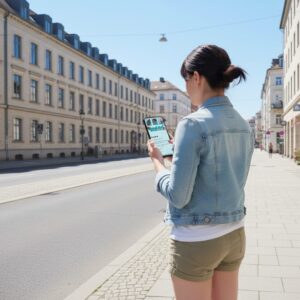 A woman stands on a sidewalk in Zurich, looking at a city game on her smartphone.