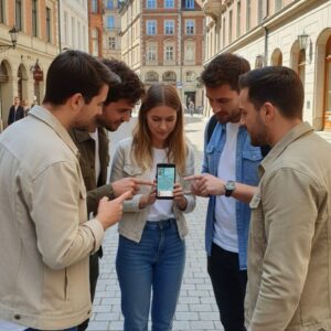 A group of friends stand on a cobblestone street in Zwolle, looking together at a smartphone.