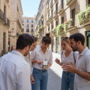 A group of five young friends stand together on a narrow street in Prague, looking at a smartphone.