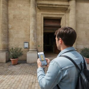 A man looks at a city game on his phone before a stone building with columns in Marseille.
