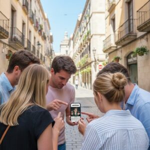 A group of five friends stand on a historic street in Aalst, looking at a smartphone together.