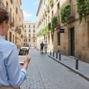 A woman plays a Sherlock-themed City Game on her smartphone while standing on a narrow cobblestone street in Almeria.