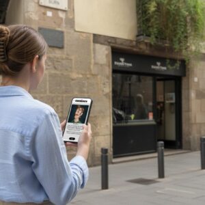 A woman seen from behind plays a Sherlock-themed city game on her smartphone in a historic Barcelona street.