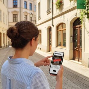 A woman stands on a historic cobblestone street in Bastia, playing a Sherlock-themed city game on her smartphone.