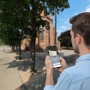 A man playing a city game on his phone in Berlin, with the historic St. Nicholas' Church behind him.