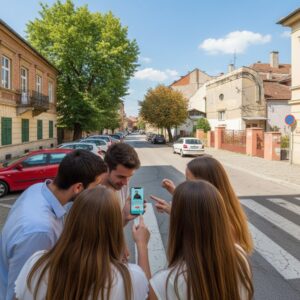A group of young friends stand on a crosswalk in Bitola, gathered around a smartphone.