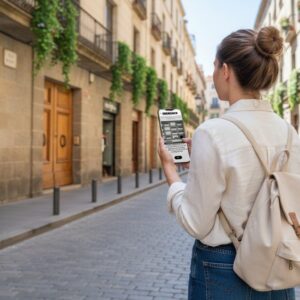 A woman with a backpack plays a Sherlock-themed city game on her phone on a historic street in Bordeaux.