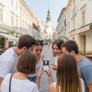 Five young adults huddle around a smartphone playing a city game near Michael's Gate in Bratislava.