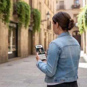 A woman seen from behind plays a city game on her phone on a historic street in Bruges.