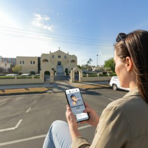 A woman plays a City Game on her phone with St. Monica's Cathedral in Cairns visible in the background.