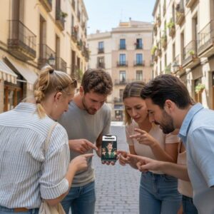 A group of four friends stand on a narrow cobblestone street in Chania, looking together at a smartphone.