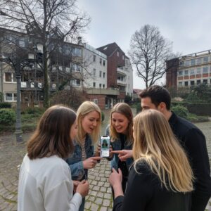 A group of five young adults stand together in a courtyard in Duisburg, looking at a smartphone.
