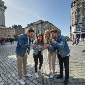 A group of four friends in denim jackets play a City Game on a smartphone in Parliament Square, Edinburgh.