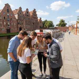 A group of friends play a city game on a smartphone by the Salzspeicher warehouses in Lubeck.