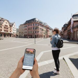 A person plays a City Game on their phone in the historic Market Square in Mainz.