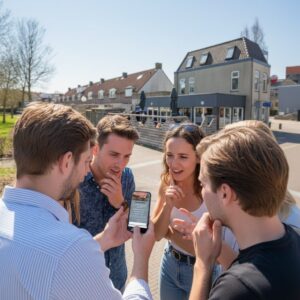 A group of five young friends stand together looking at a smartphone while playing a city game in Terneuzen.
