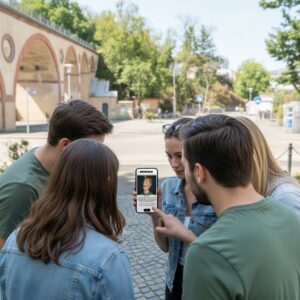 A group of friends look at a smartphone playing a City Game in Wiesbaden with a stone viaduct behind them.