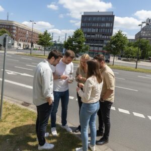 A group of five friends stand on a city street in Dortmund, gathered around a smartphone.