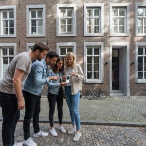 A group of four friends stand on a cobblestone street in Maastricht, looking at a smartphone together.