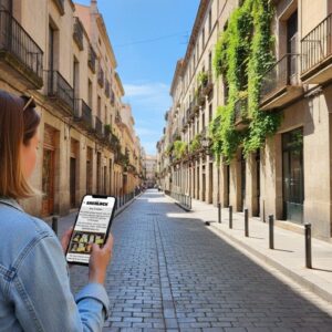 A woman seen from behind plays a Sherlock-themed city game on her phone on a sunny cobblestone street in Cologne.