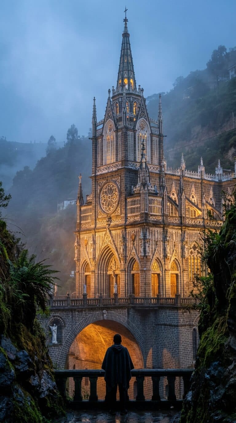 Las Lajas Sanctuary in Colombia at Dusk