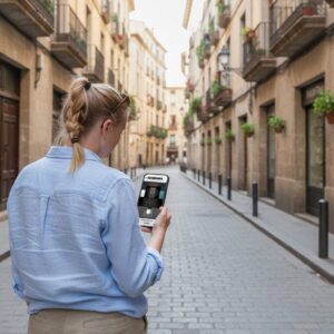 A woman with blonde hair stands on a narrow cobblestone street in Copenhagen, looking at her smartphone.