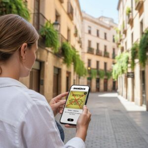 A woman seen from behind plays the Sherlock city game on her smartphone on a historic street in Cordoba.