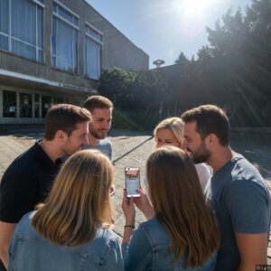 A group of young friends stand in a circle looking at a smartphone in Darmstadt.