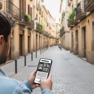 A man stands on a historic cobblestone street in Den Bosch, playing a Sherlock city game on his smartphone.