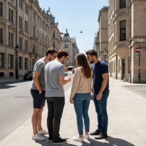 A group of four young friends stand on a sidewalk in Duisburg, looking at a smartphone together.