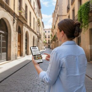 A woman standing on a historic cobblestone street in Dusseldorf, playing the Syndicate city game on her smartphone.