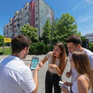 A group of four young people playing a city game in Ferizaj, gathered around a smartphone.