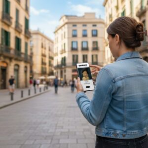 A woman stands on a historic street in Florence, playing the Sherlock city game on her smartphone.
