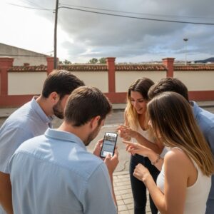 A group of five friends gathered outdoors in Algeciras, looking and pointing at a smartphone together.