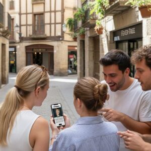 A group of four friends stands in a narrow European street in Amsterdam looking at a smartphone.