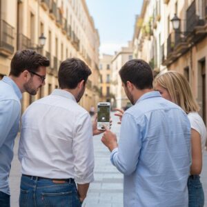 Four friends stand on a narrow street in Nantes, huddled together looking at a game map on a smartphone.