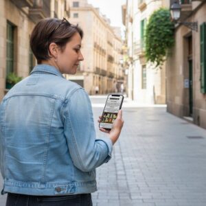 A woman in a denim jacket stands in a narrow street in Geneva, looking at her smartphone.