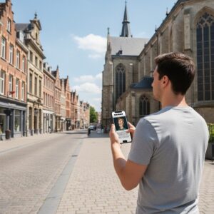 A young man plays a Sherlock-themed city game on his phone near the Grote Kerk in Gorinchem.