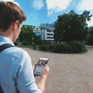 A young man playing a city game on his phone in Vasaparken, Gothenburg, with the university library behind.