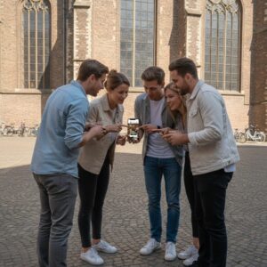 A group of friends play a city game on a smartphone in front of the Sint-Janskerk in Gouda.