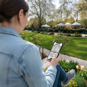 A woman sits on a park bench in Grenoble, playing the Sherlock city game on her phone.